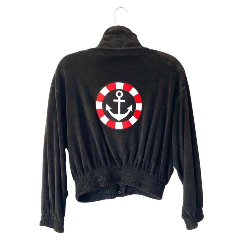 Vintage La Blanca Los Angeles Black Terrycloth Snap Nautical Crop Jacket small